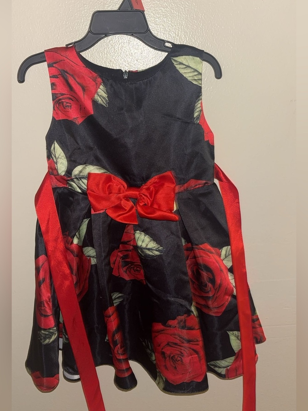 Girls Black Dress with Red Rose Print and Satin Bow